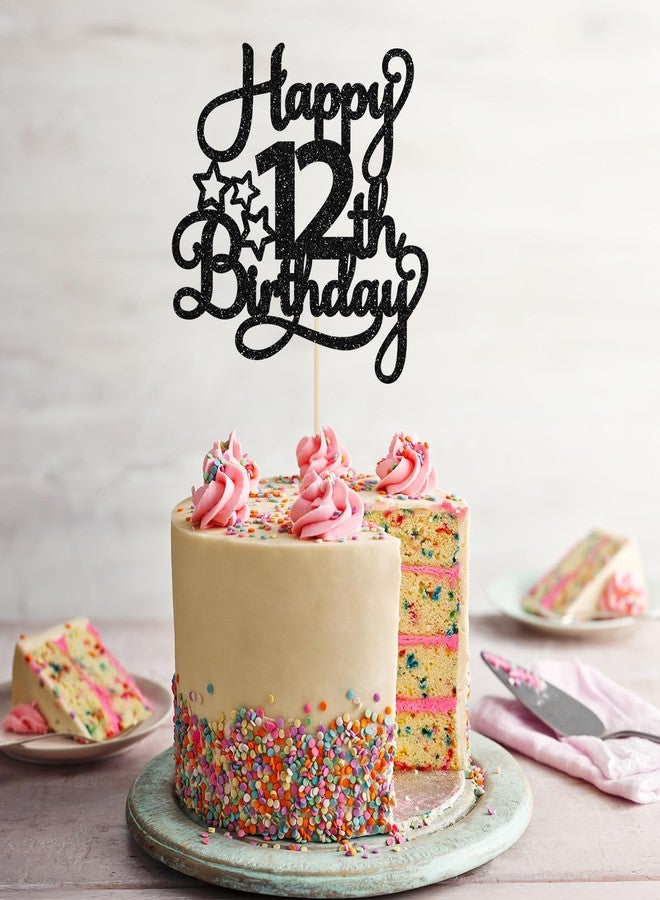 Ephlyn 1 Pack Happy 12th Birthday Cake Topper Glitter Heart Star 12 Fabulous Cake Pick Birthday Sign Cake Decorations for Children 12th Birthday Theme Party Supplies Black - Image 4
